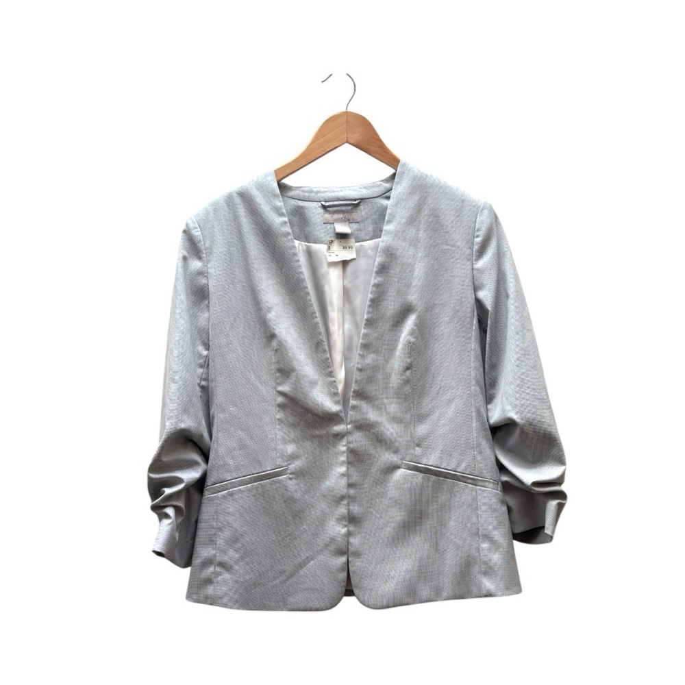 H&M Gray Blazer with Crew Neckline and Ruched Sleeves